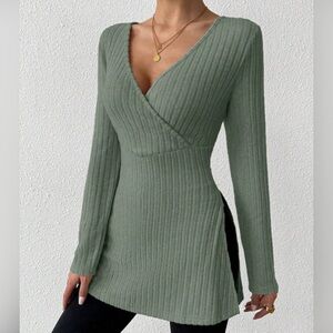Overlap V- Neck Long Sweater Long Sleeve Wrap Ribbed Knit Top Cozy Sexy Blouse